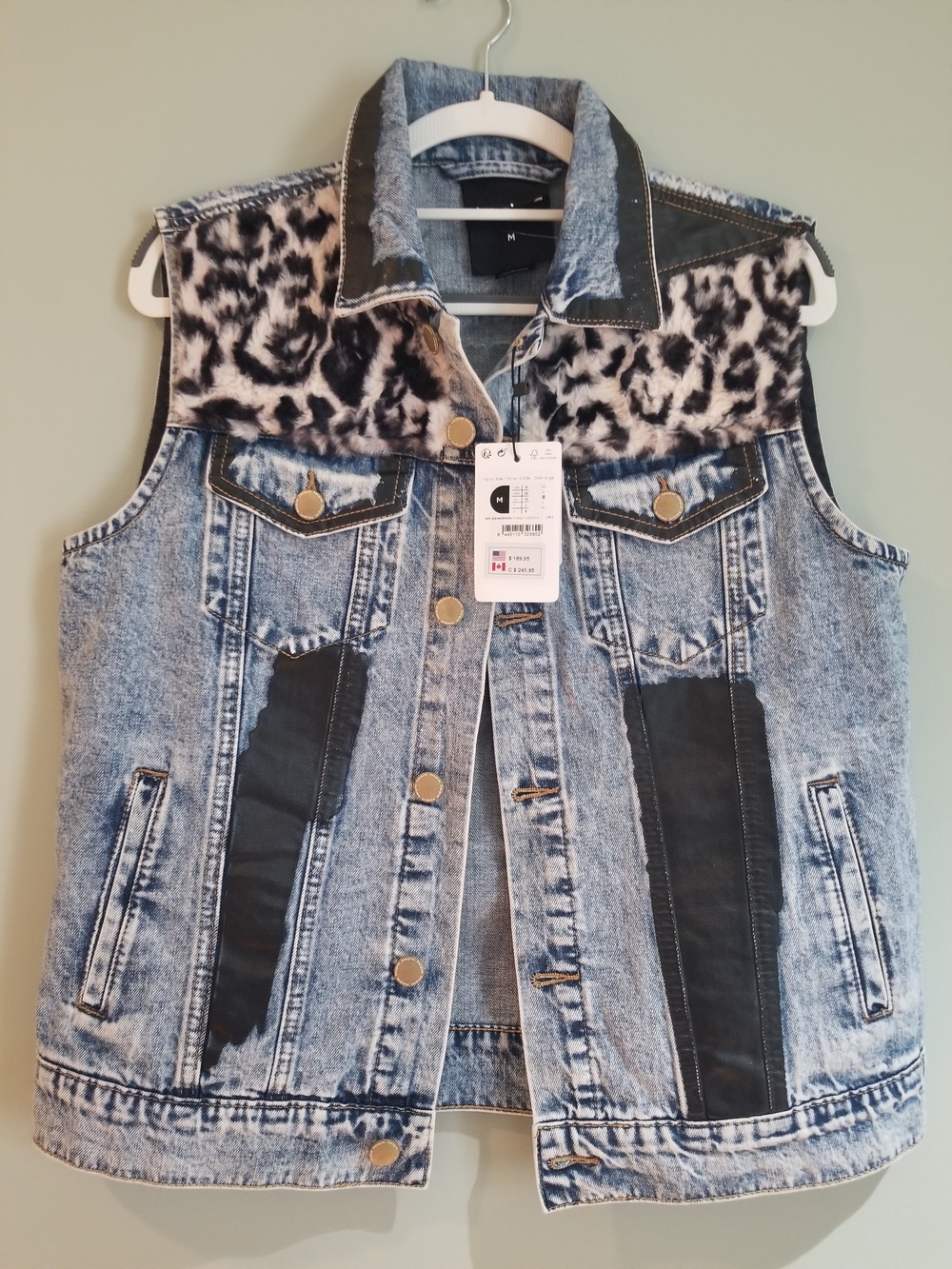 Desigual Acid-Wash Denim Vest with Black Leopard Accent, Size M